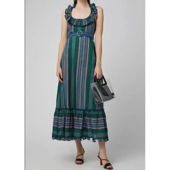 Zimmermann Allia Ruffled Striped Cotton Maxi Dress Green Tiered Boho Large - Picture 9 of 9